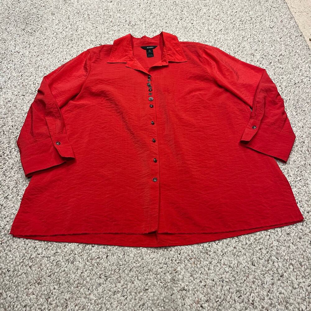 Ali Miles Crinkle Button Front Long Sleeve Blouse XL Red Artsy Lagenlook Holiday